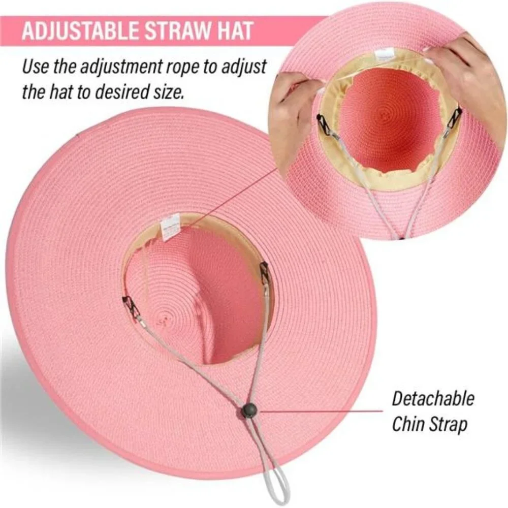 Women's Wide Brim Hat Straw Sun Hat with Bow and Heart Shape Glass, Pink_3